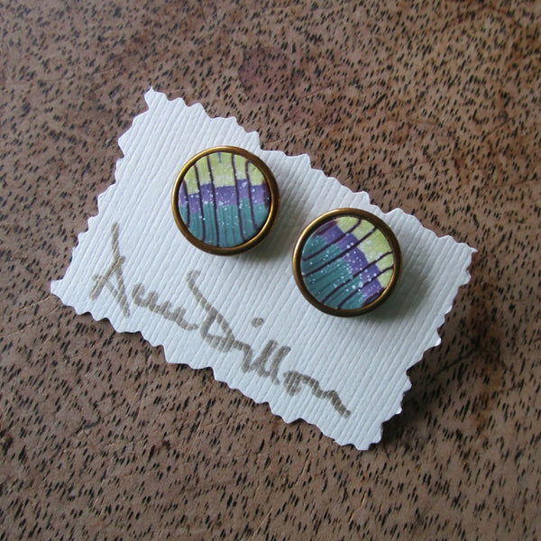 Green Purple Stripe Abstract Medium Post Earrings