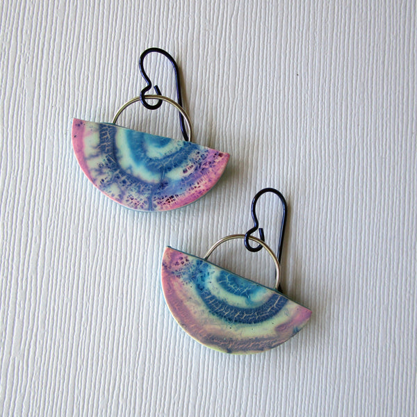 Magenta/Blue Batik Half Moon Drop Earrings