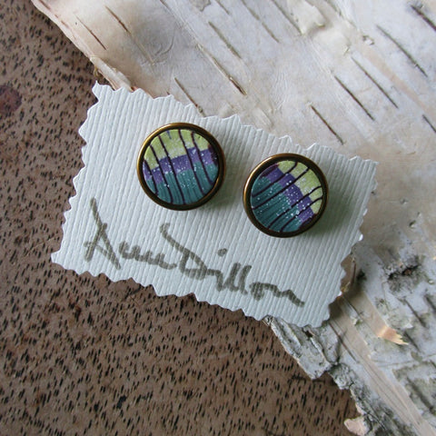 Green Purple Stripe Abstract Medium Post Earrings